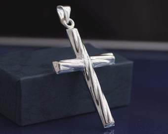 Sterling Silver Large Cross Necklace, Silver Twisted Cross Necklace, Sterling Silver Large Tube Cross Necklace, Silver Men's Necklace,