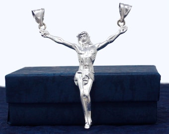 Large Jesus Christ Necklace, XL Jesus Christ Arms Open Necklace, Sterling Silver Jesus Pendant, Silver Crucifix, Large Men Necklaces