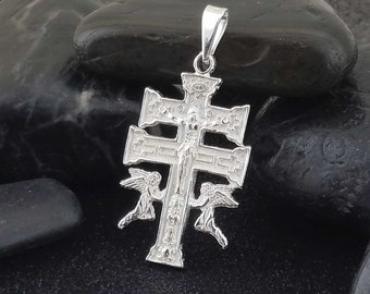 Sterling Silver .925 Crucifix Caravaca Cross Diamond Cut Charm Pendant Necklace | Made in USA