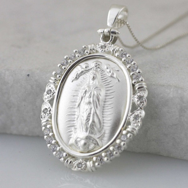 Médaille Notre-Dame de Guadalupe en argent sterling, Collier Virgen de Guadalupe avec CZ, Vierge Guadalupe Pendent, Charme de la Vierge Marie, Guadalupana