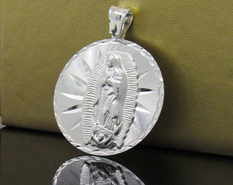 Sterling Silver Extra Large our Lady of Guadalupe Medal, Virgen de Guadalupe Necklace, Guadalupe Pendant, Virgin Mary Medal Diamond Cut