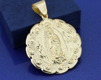 Large Sacred Heart of Jesus Medal, Gold Plated Double Side Medal, Our Lady  of Guadalupe, Guadalupe with Sacred Heart or Face of Divine Mercy