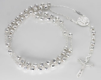 Colar de rosário de prata, colar de rosário de prata esterlina com lapidação de diamante, colar de rosário católico de prata, rosário de contas de prata de 6 mm, rosário masculino