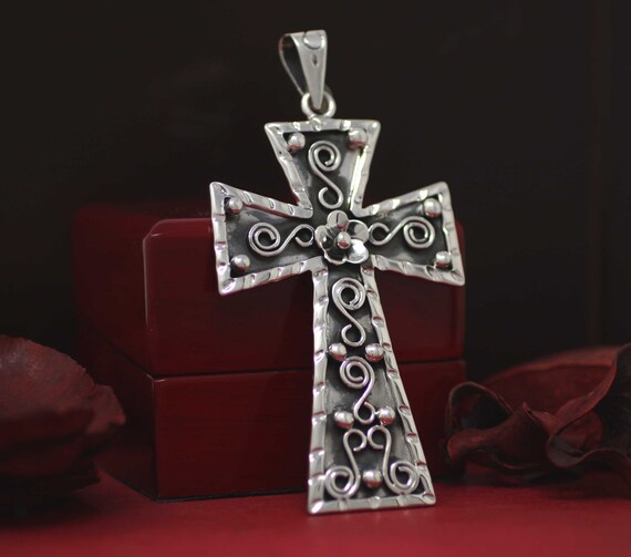 Cross Charm with Bead Design Oxidized Sterling Silver Cross Charm with Bead Design Oxidized Sterling Silver
