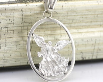 Saint Michael Archangel Necklace, Sterling Silver St. Michael Necklace, Silver St.Michael Oval Necklace, Medium Saint Michael Medal