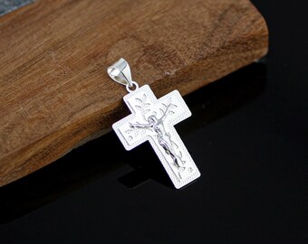 Flat Cross Necklace, Leaves Silver Cross, Sterling Silver Cross Necklace, Silver Crucifix, Cross Pendant, Christian Jewelry,