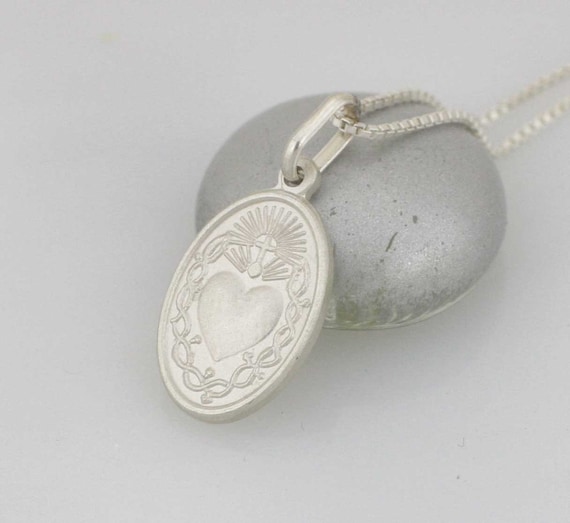 Sacred Heart of Jesus Medal, Sacred Heart Necklace, Sterling