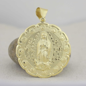 Medalla Extra Grande del Sagrado Corazón de Jesús, Medalla de Doble Cara Chapada en Oro, Extra Grande Nuestra Señora de Guadalupe, Guadalupe con Sagrado Corazón XL