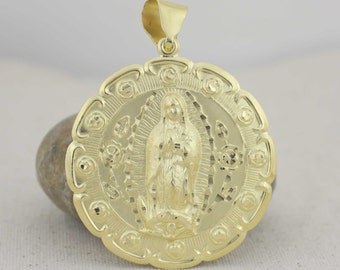 Extra Große Heilige Herz von Jesus Medaille, Vergoldet Doppelseitige Medaille, Extra Groß Unsere Liebe Frau von Guadalupe, Guadalupe mit Sacred Heart XL