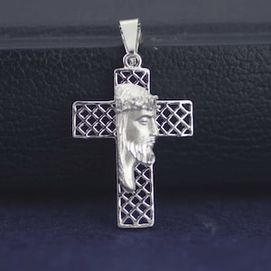 Silver Cross Necklace, Sterling Silver Small Cross Necklace, Sterling Silver Cross pendant with Divine Face of Jesus, Silver crucifix cross