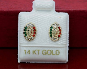 Oorknopjes Our Lady of Guadalupe, Virgen de Guadalupe 14 kt gouden schroefoorbel, Guadalupe-oorbellen met zirkonia, meisjesoorbellen, 14 kt broquel