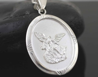 Sterling Silver Large St Michael Necklace, Sterling Silver St Michael Medal, Saint Michael Archangel Pendant, Protection Medal, San Miguel