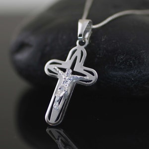 Sterling Silver Cross Necklace, Oval Finish Cross Necklace, Crucifix Cross Pendant, Solid Silver Cross Necklace, Silver Crucifix Necklace