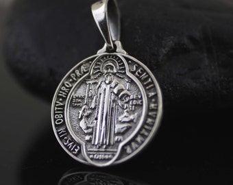 Silver Saint Benedict Medal, Sterling Silver Large St Benedict Necklace, Silver St. Benedict Oxidized Large Medal, Medalla San Benito