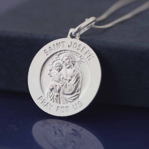 Silver Saint Joseph Necklace, Sterling Silver Antiqued Saint Joseph Medal, St Saint Joseph with Child Jesus Pray for Us Medal, San Jose