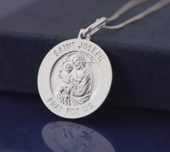 Silver Saint Joseph Necklace, Sterling Silver Antiqued Saint Joseph Medal, St Saint Joseph with Child Jesus Pray for Us Medal, San Jose