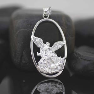 Saint Michael Archangel Necklace, Sterling Silver St. Michael Necklace, Silver St.Michael Oval Necklace, LARGE Saint Michael Medal