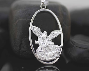 Saint Michael Archangel Necklace, Sterling Silver St. Michael Necklace, Silver St.Michael Oval Necklace, LARGE Saint Michael Medal