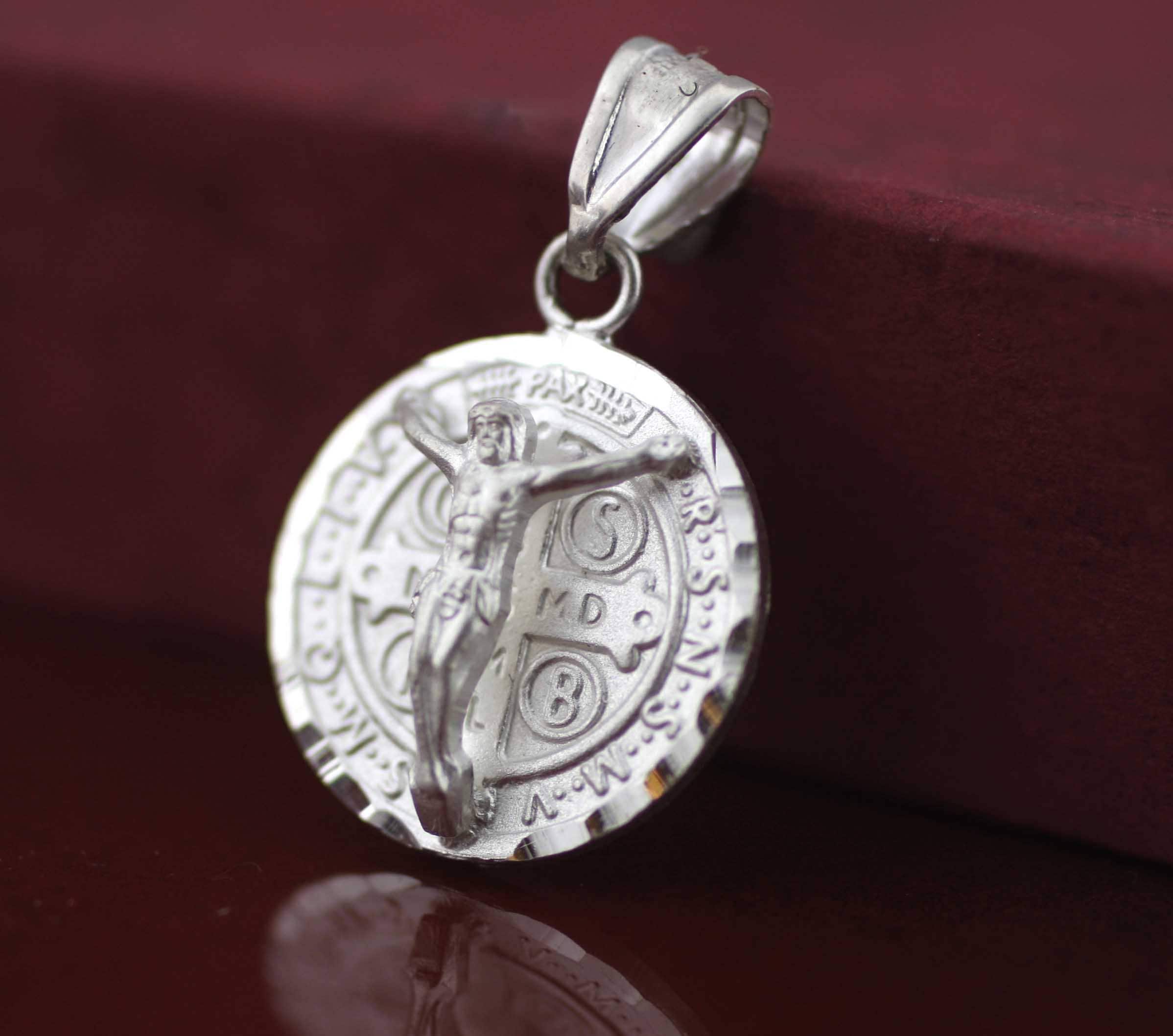 Silver Saint Benedict Crucifix, St Benedict Solid Medal Necklace, Sterling Silver Saint Benedict Necklace, Medal With Jesus Necklace