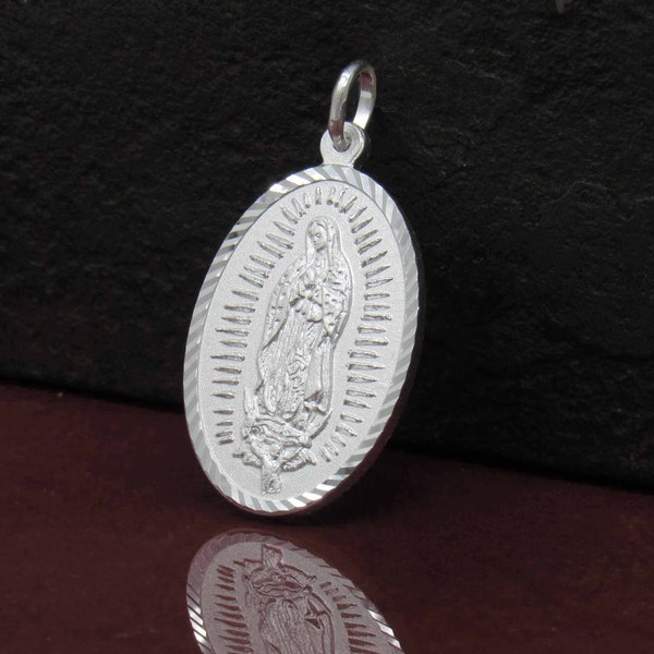 Silver Guadalupe Necklace, Sterling Silver Our Lady of Guadalupe Medal, Gudalupe Solid Medal, Virgen de Guadalupe Oval Necklace