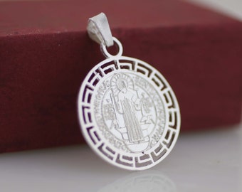 Sterling Silver Saint Benedict Medal, Sterling Silver Saint Benedict Necklace, Silver St. Benedict Greek Finish Medal, Double Sided Medal