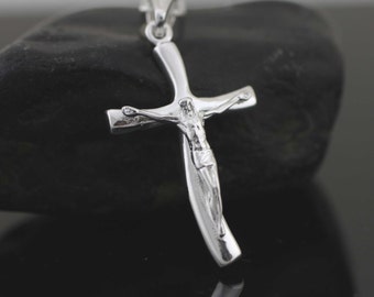 Silver Cross Necklace, Sterling Silver Wave Cross Necklace, Crucifix Cross Pendant, Solid Silver Cross Necklace, Modern Crucifix Necklace