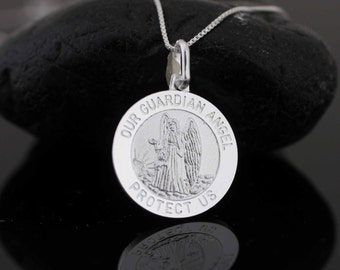 Guardian Angel Medal, Sterling Silver Our Guardian Angel Necklace, Catholic Holy Medal, Silver Angel Necklace, Holy Guardian Angel Medal