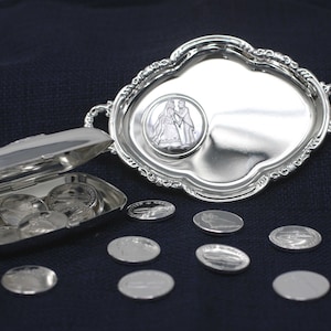 Caja de Arras Tradicional de Boda con 13 Monedas Boda, Caja de Plata y Bandeja Arras Set, Monedas de Unidad de Boda en Elegante en puerta francesa