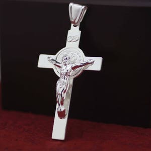 Silver Saint Benedict Crucifix, Extra Large St Benedict Cross Necklace, Sterling Silver St Benedict, XL Cross Necklace, Men Jewelry