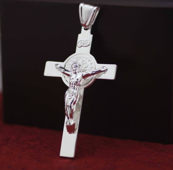 Crocifisso Di San Benedetto Placcato In Argento: Collana Con Ciondolo A Croce In Metallo Cristiano Per La Protezione - 3'' - Italia - Foto 10