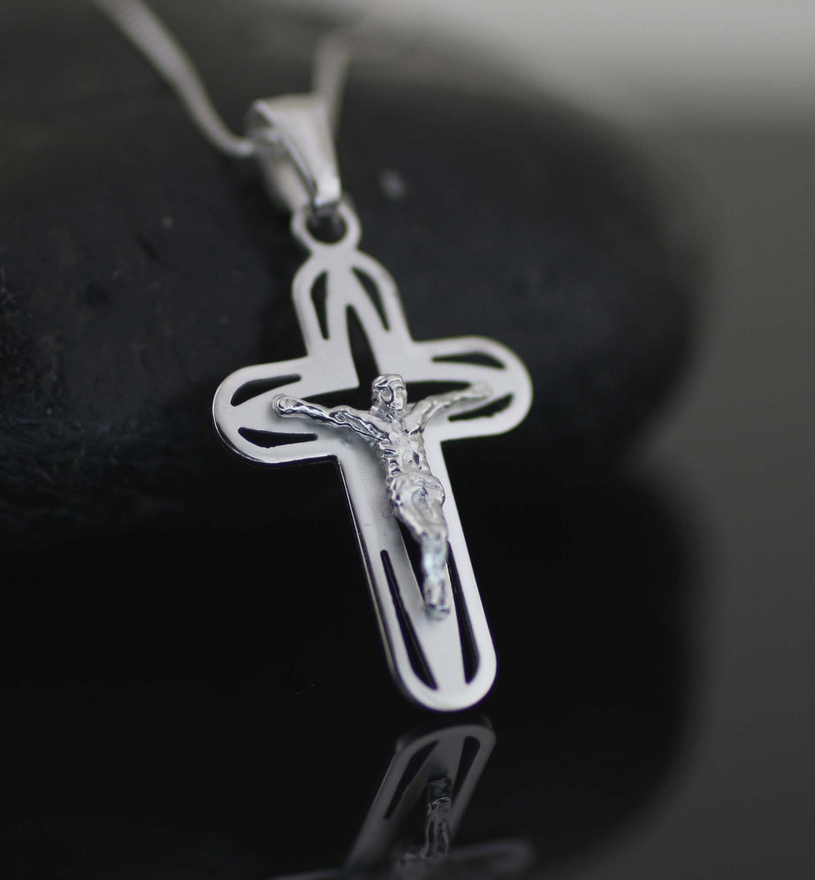Sterling Silver Cross Necklace Oval Finish Cross Necklace Etsy