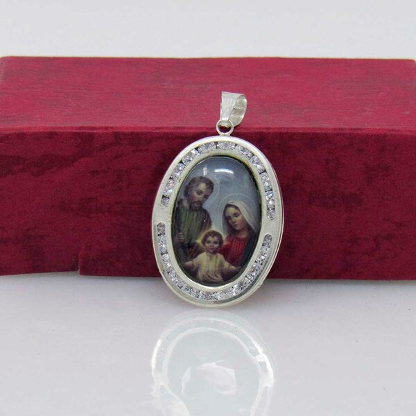 Silver Holy Family Necklace, Silver Holy Family Medal, Holy Family Resin Necklace, Baby Jesus, Saint Joseph, Blessed Mother Mary, Catholic