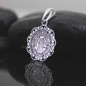 Sterling Silver Saint Benedict Medal, Sterling Silver Saint Benedict Necklace, Silver St. Benedict Greek Finish Medal, Double Sided Medal
