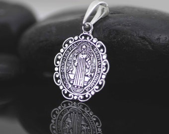 Sterling Silver Saint Benedict Medal, Sterling Silver Saint Benedict Necklace, Silver St. Benedict Greek Finish Medal, Double Sided Medal