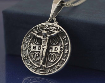 Saint Benedict Crucifix, St Benedict Solid Medal Necklace, Sterling Silver Saint Benedict Necklace, Silver, Medal With Jesus Necklace