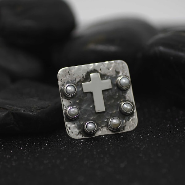 Silver Cross Ring, Large Cross Ring, Sterling Silver XL Cross Ring, Cross Oxidized Ring with Natural Pearl, Square XL Ring, Religious Ring