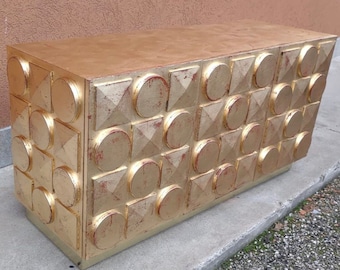 Credenza brutalist in legno , oro e ottone made in Italy
