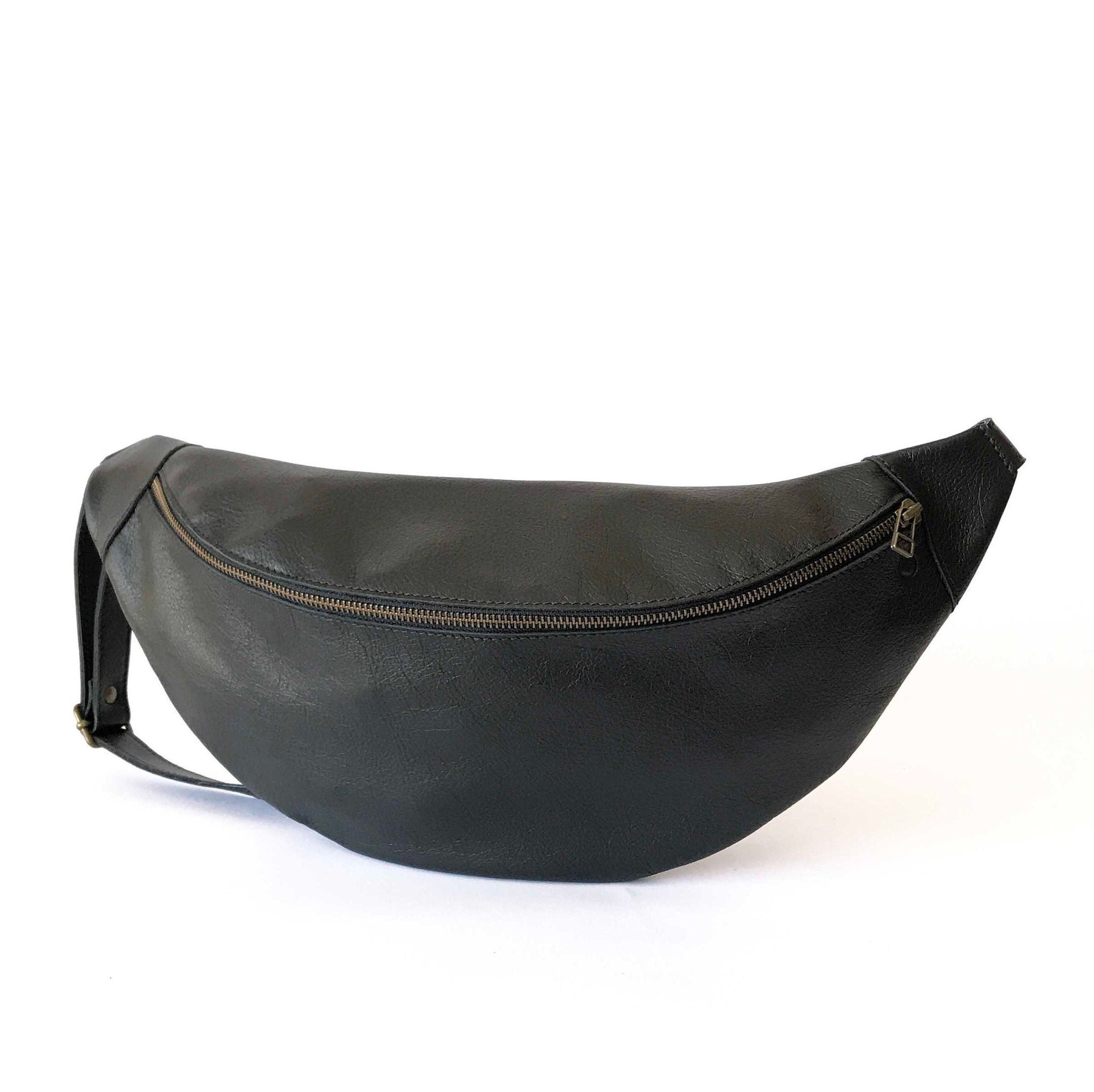 Women leather Fanny Pack, Black, Large