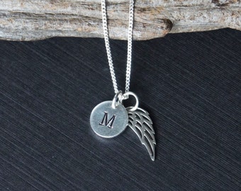 Sterling Silver Wing Initial Necklace, Personalized Necklace, Initial Necklace, Angel Wing Charm, Customized Necklace