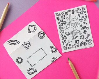 Mini Printable Coloring Card "You Are a Gem", thank you card, greeting cards, paper craft, summer coloring, coloring pages