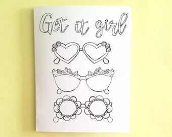 Tarjeta para colorear "Get It Girl", tarjeta de amistad imprimible (descarga digital)