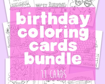 Birthday Card Bundle, coloring cards, happy birthday, coloring crafts, kids, girls, fashion illustration, printable, coloring card, color