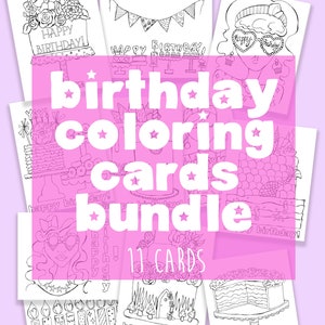 Birthday Card Bundle, coloring cards, happy birthday, coloring crafts, kids, girls, fashion illustration, printable, coloring card, color
