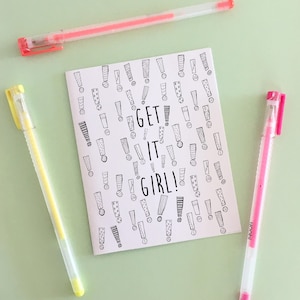 Cartão para colorir para impressão "get it girl", cartão para colorir para meninas, arte de linha pronta para imprimir, cartão inspirador