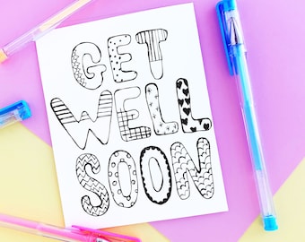 Get Well Soon, Printable Coloring Card, Kids Coloring Page, Line Art Ready To Print,  Sympathy Card, Girls coloring