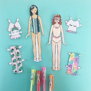 Slumber Party Paper Dolls Cut + Color, muñeca de papel imprimible, manualidades de papel, niños, niñas, actividad de fiesta de pijamas, preadolescentes, actividad interior