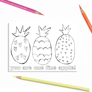 Tarjeta para niños imprimible "Eres una buena manzana", página para colorear para niñas, arte lineal listo para imprimir, tarjeta para colorear de piña