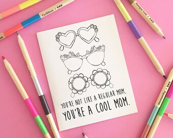 Mother's Day Coloring Card "Cool Mom", Kids Coloring Card, Line Art Ready To Print, mothers day craft