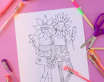 Friendship Coloring Page, spring coloring printable, coloring page, friends coloring, coloring activity, tween girls, girls activity