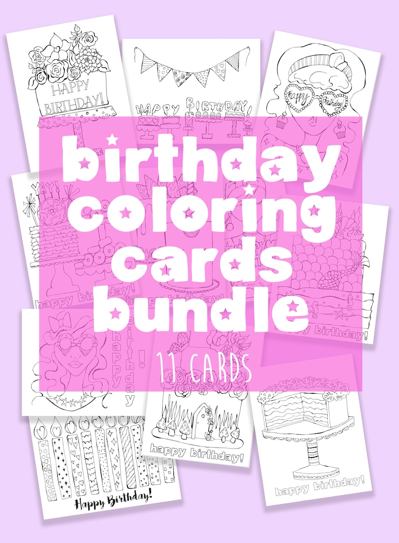 Birthday Card Bundle Coloring Cards Happy Birthday Coloring - Etsy